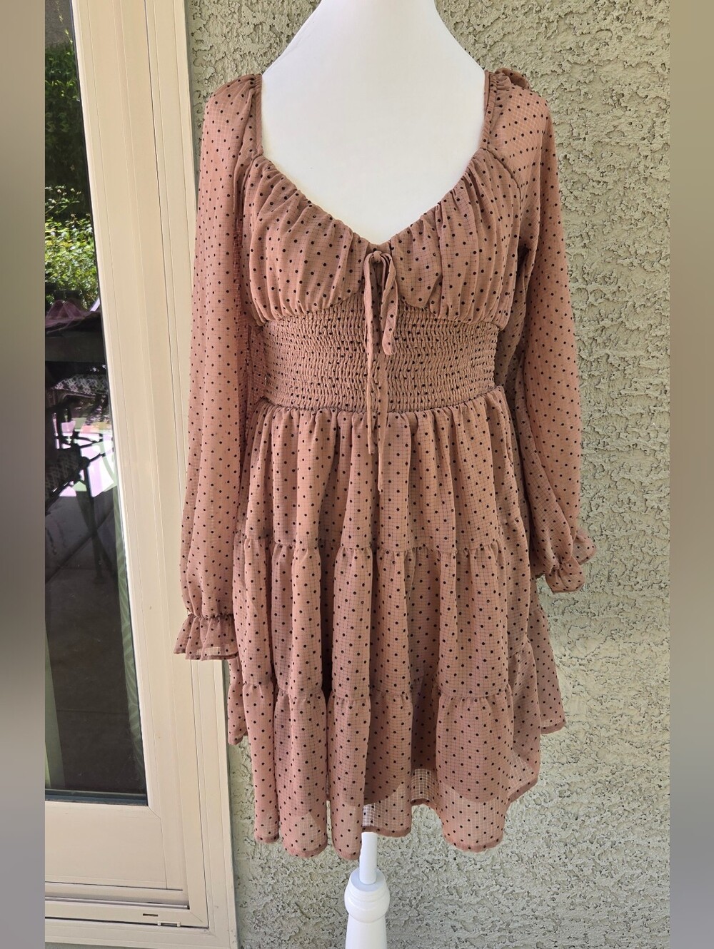By The River Smocked Waist Long-Sleeve Tiered Mini Dress - Brown Black Polka Dot